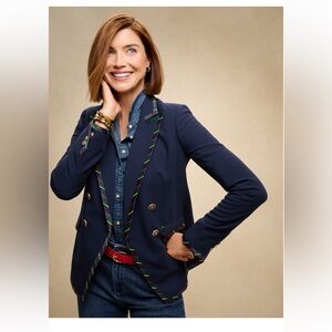 Talbots Ribbon Trim Blazer Jacket Navy Blue Buttons Gold Red Yellow Green 6